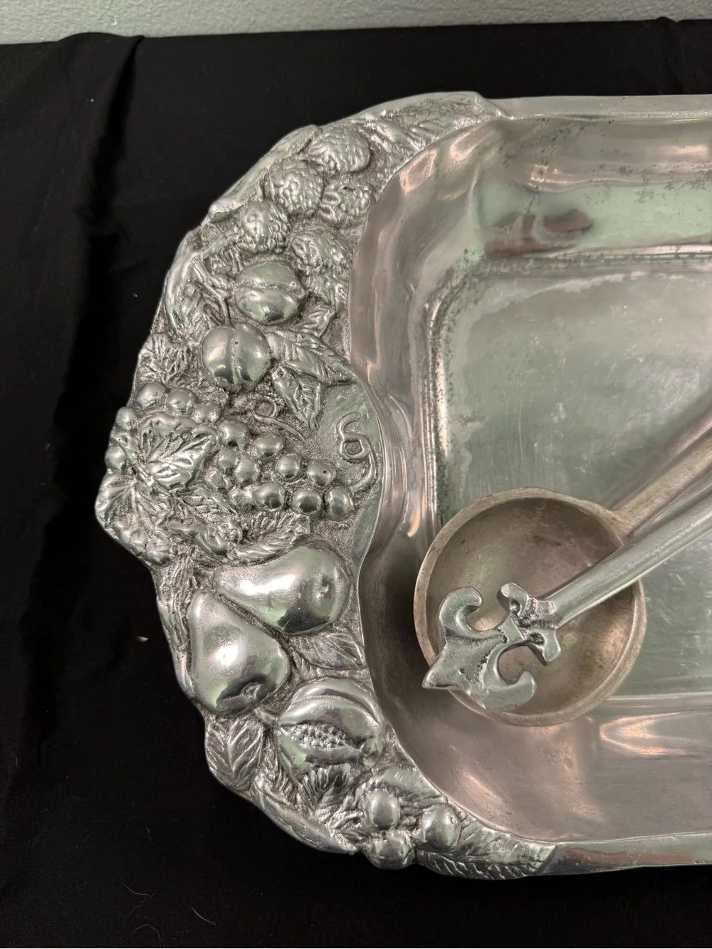 Vintage Rectangular Pewter Serving Tray with Ornate Fruit Motif Handles